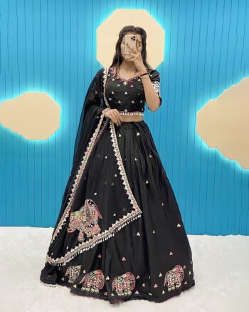 Trendy Heavy Cotton Lehenga Choli with Thread Embroidery and Dupatta for Navratri.