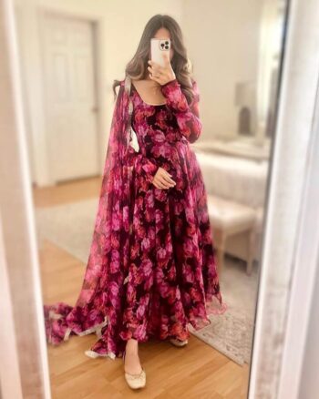 pink  Fox Gorgette Digital print  gown with  four side fancy lace broder dupatta