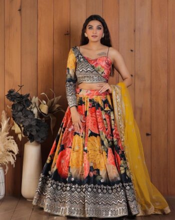 black and fenugreek yellow navratri special  LEHENGHA CHOLI   WITH embroidery DUPATA