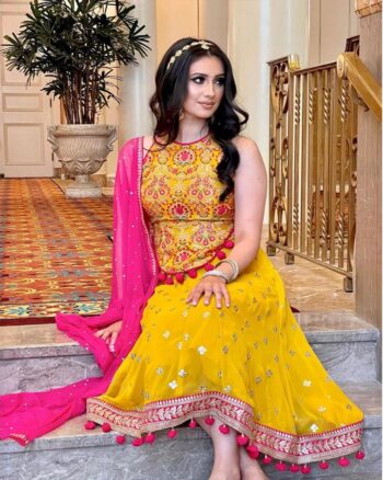 yellow and pink haldi special LEHENGA choli WITH WORK DUPATTA