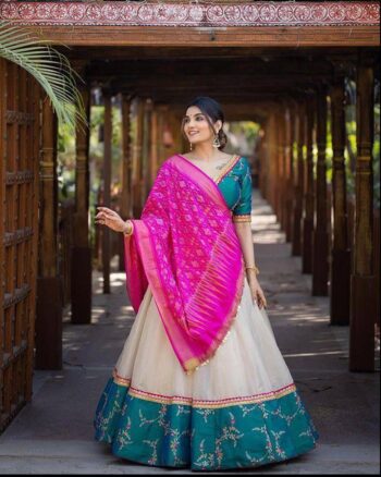 blue and white Banglory silk Navratri special   Lehengha choli with hot pink Chinon silk  Dupata