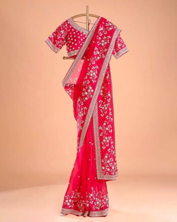 Adorable Red & Purple Tibby Silk Saree with Fancy Embroidery and Sequins Work - Perfect for Weddings and Festivals
